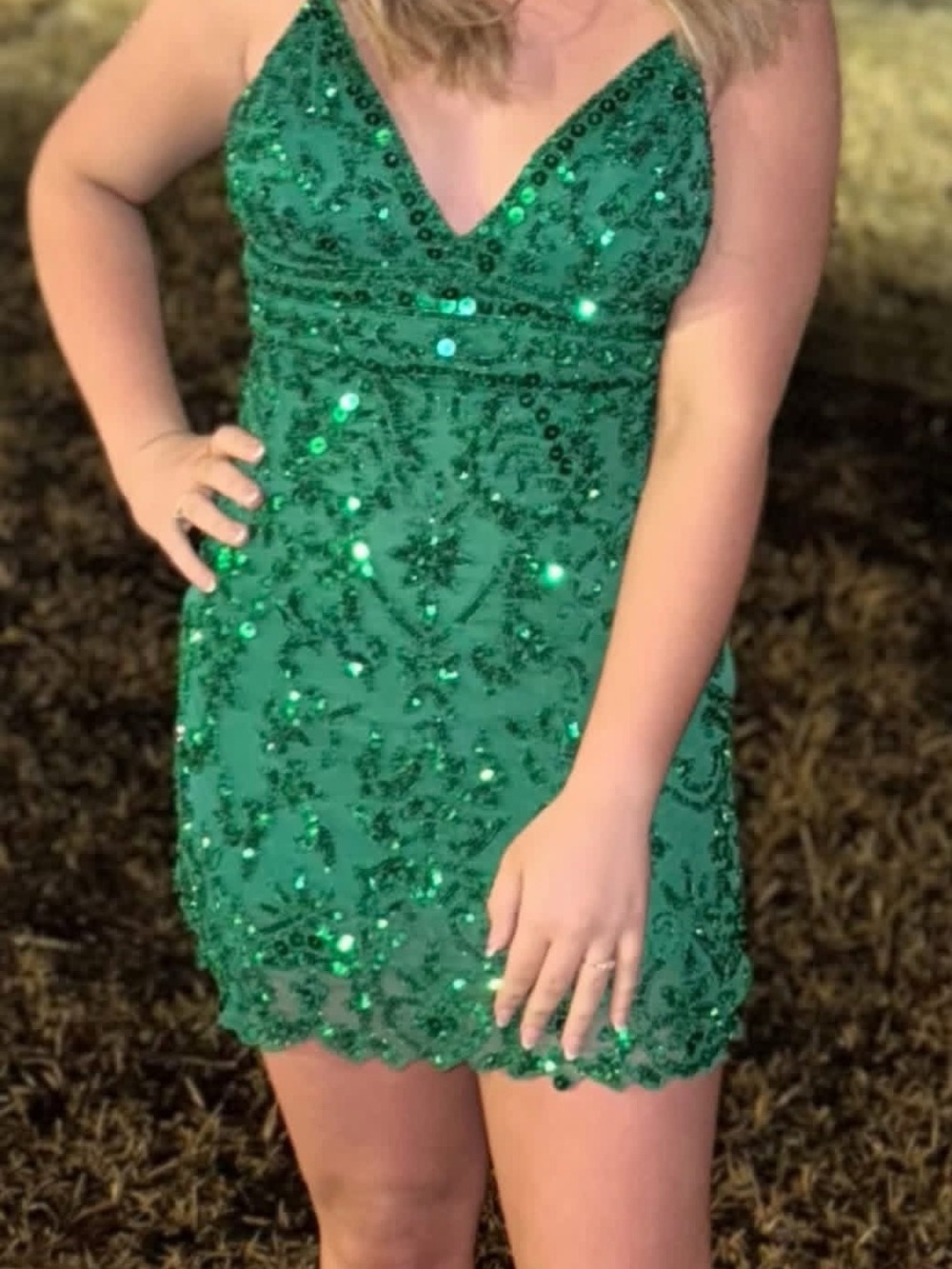 Sherri Hill Emerald Green Sequin V-Neck Party Dress